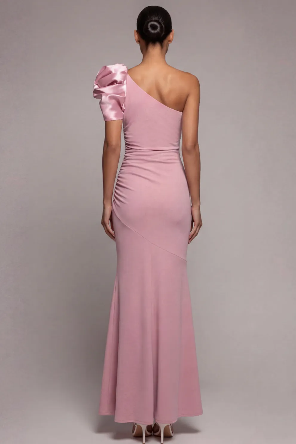 One Shoulder Ruched Dusty Rose Long Formal Dress