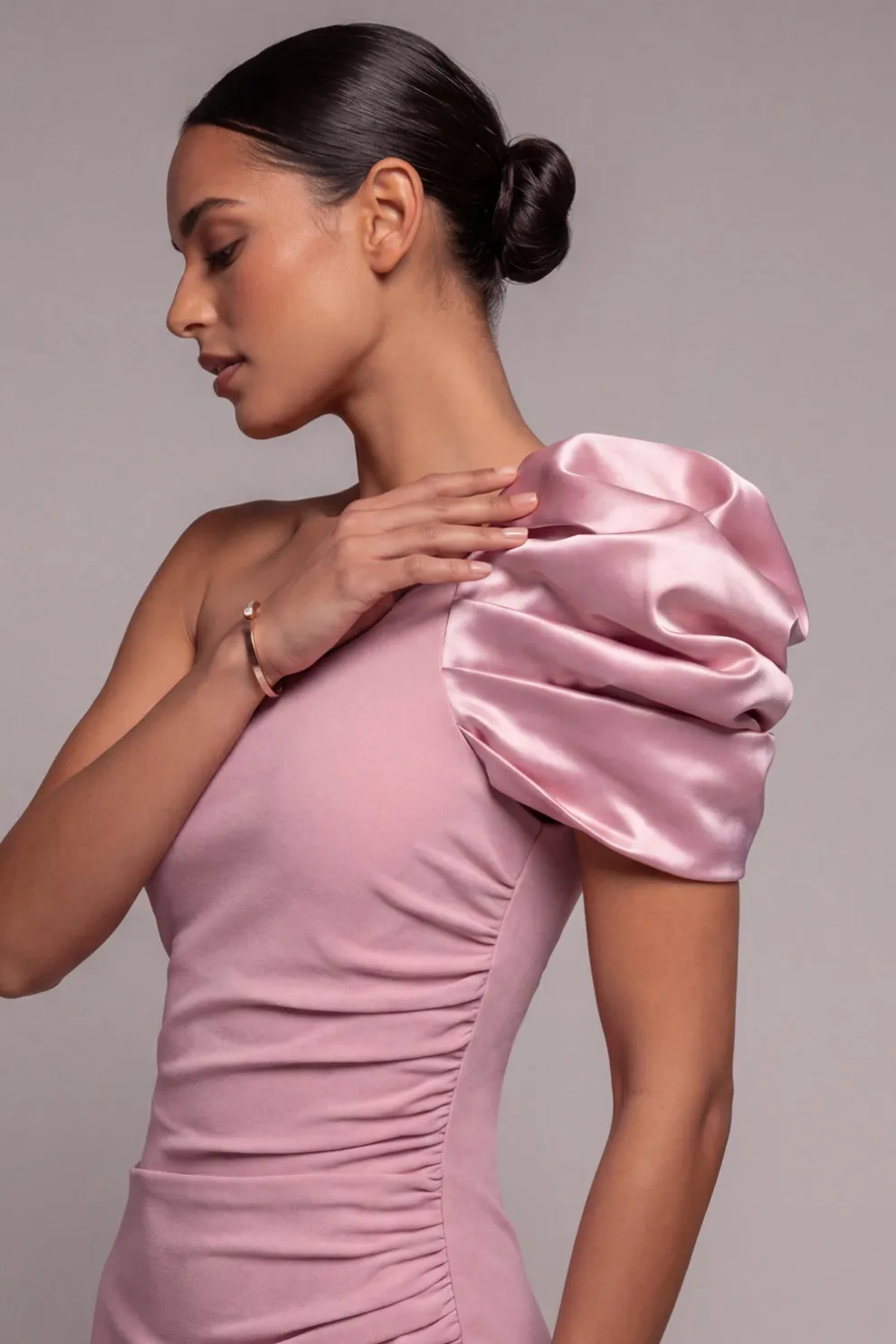 One Shoulder Ruched Dusty Rose Long Formal Dress
