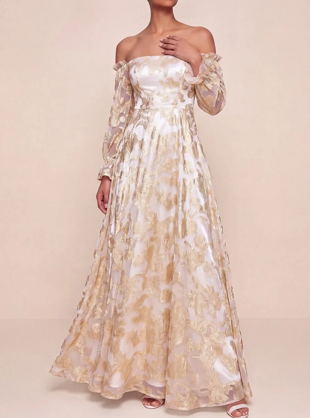 Champagne Floral Off the Shoulder A Line Long Formal Dress