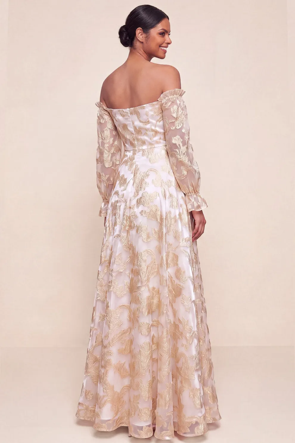 Champagne Floral Off the Shoulder A Line Long Formal Dress