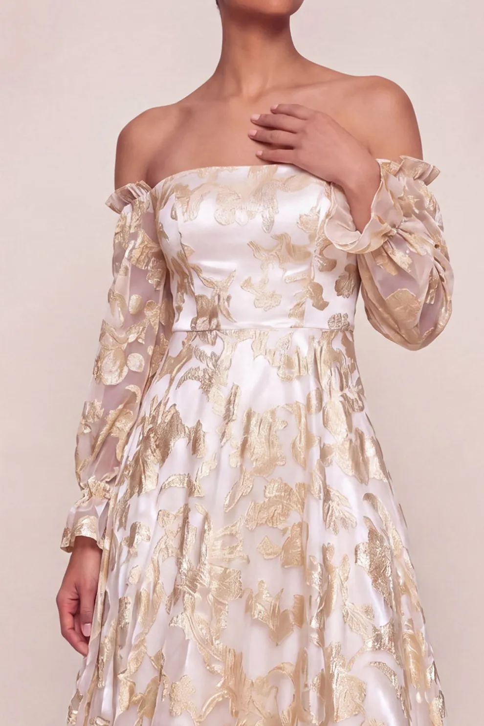 Champagne Floral Off the Shoulder A Line Long Formal Dress