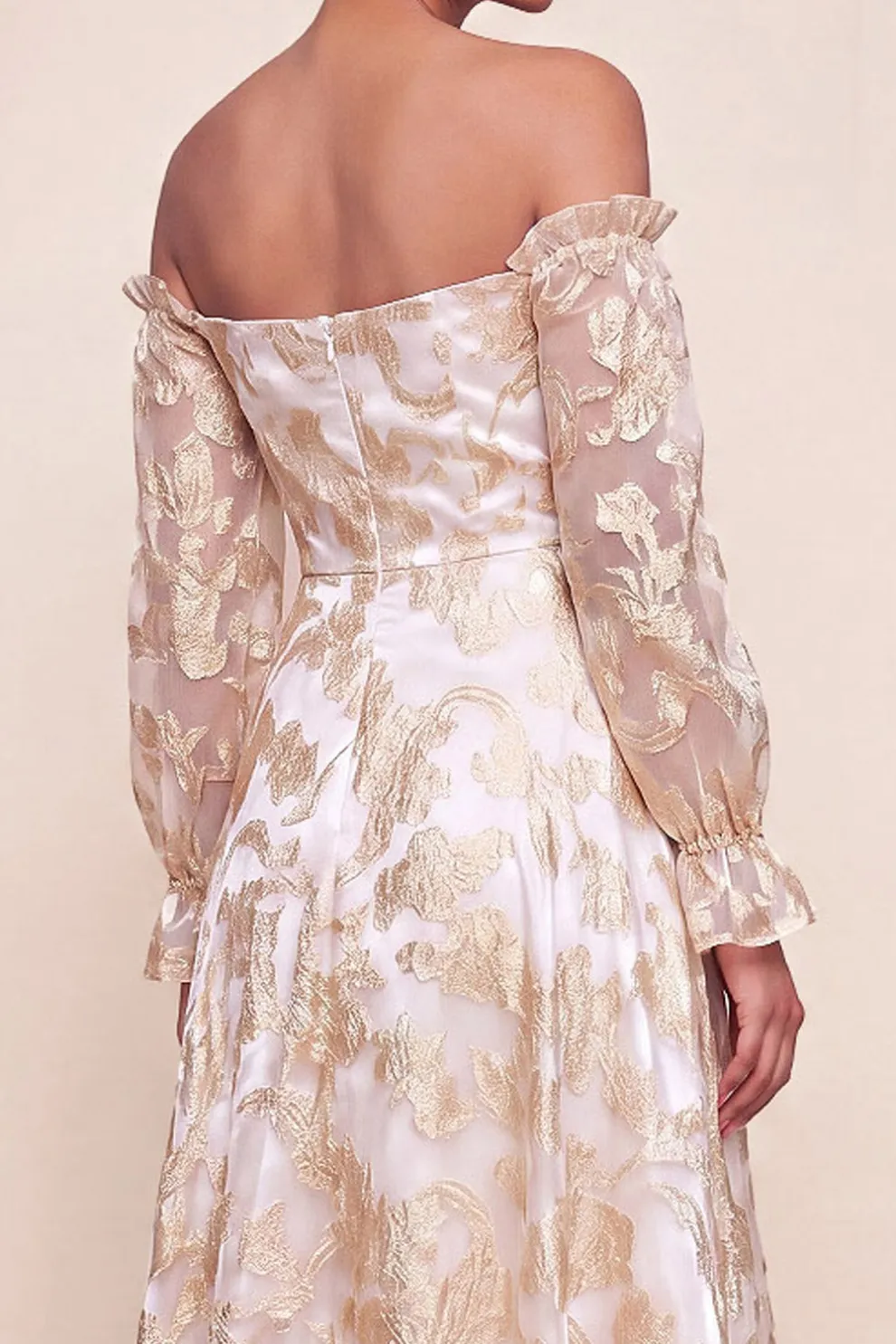 Champagne Floral Off the Shoulder A Line Long Formal Dress