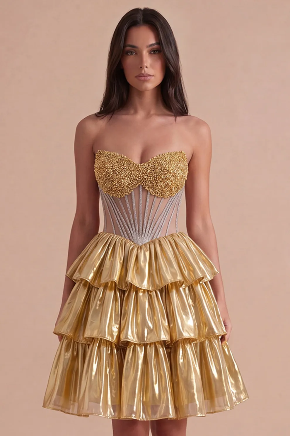 Sparkly Beaded Golden A Line Tiered Short Homecoming Dress