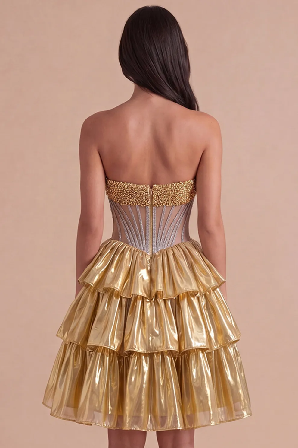 Sparkly Beaded Golden A Line Tiered Short Homecoming Dress