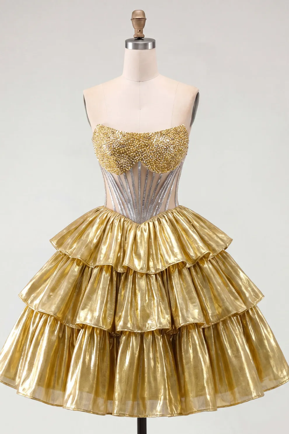 Sparkly Beaded Golden A Line Tiered Short Homecoming Dress