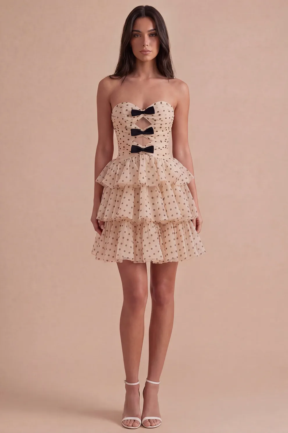 A Line Apricot Black Dot Tiered Cut Out Short Homecoming Dress