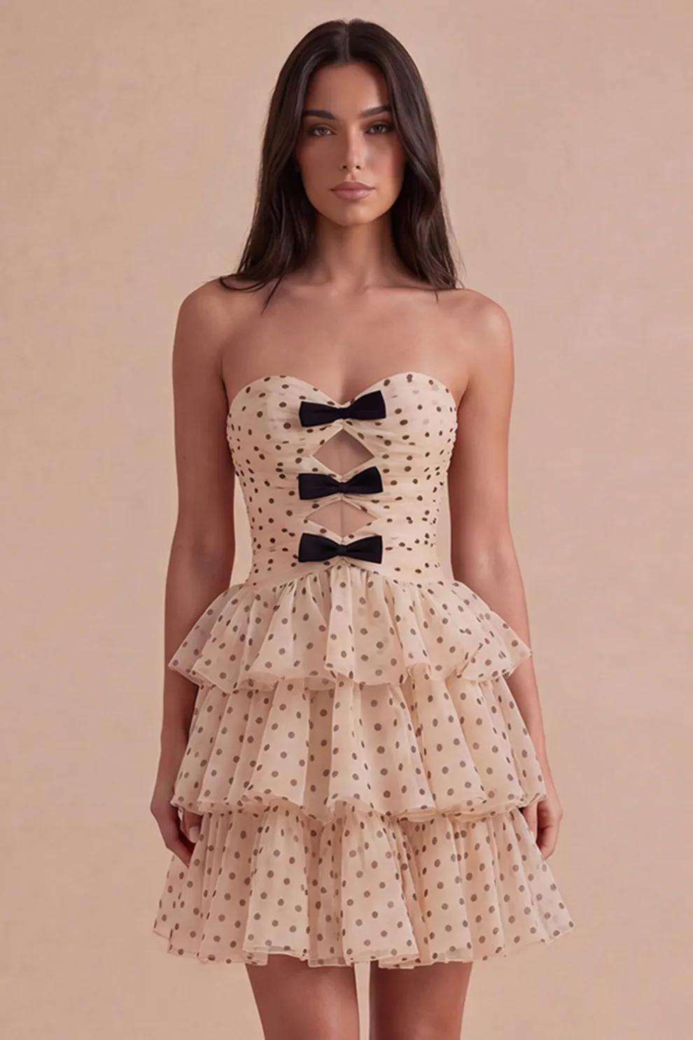 A Line Apricot Black Dot Tiered Cut Out Short Homecoming Dress