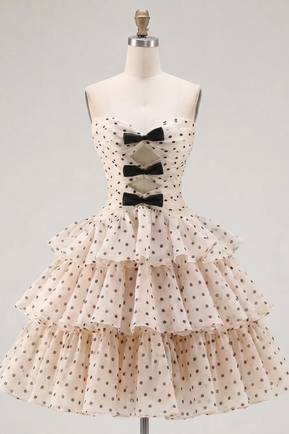 A Line Apricot Black Dot Tiered Cut Out Short Homecoming Dress