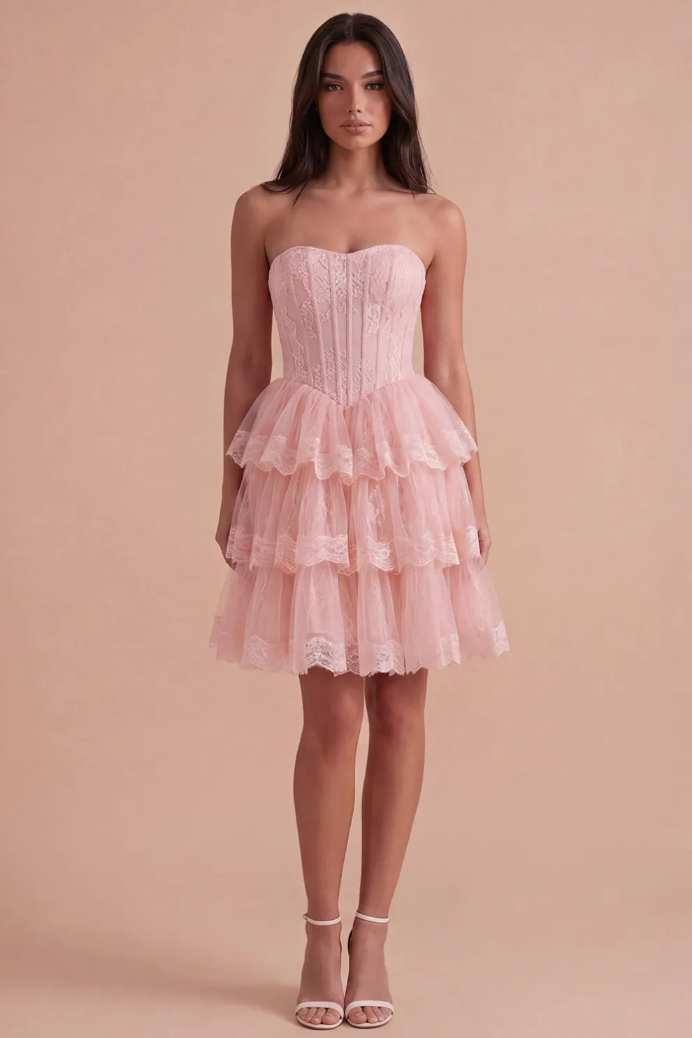 Pink Corset Floral Ruffled Strapless Short Homecoming Dress