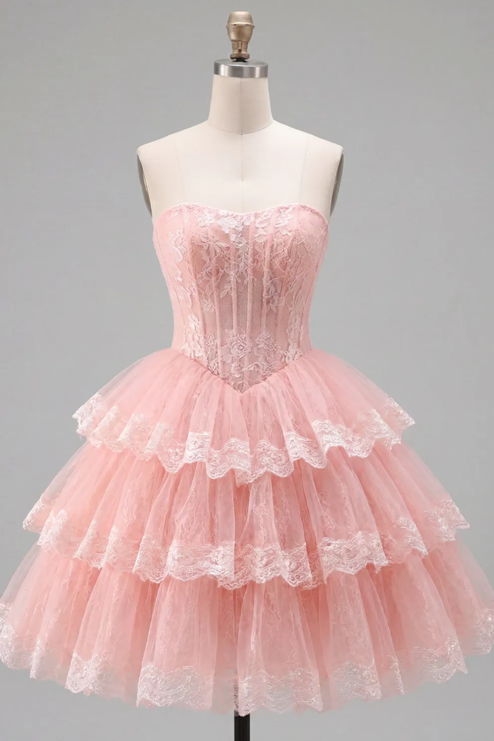 Pink Corset Floral Ruffled Strapless Short Homecoming Dress