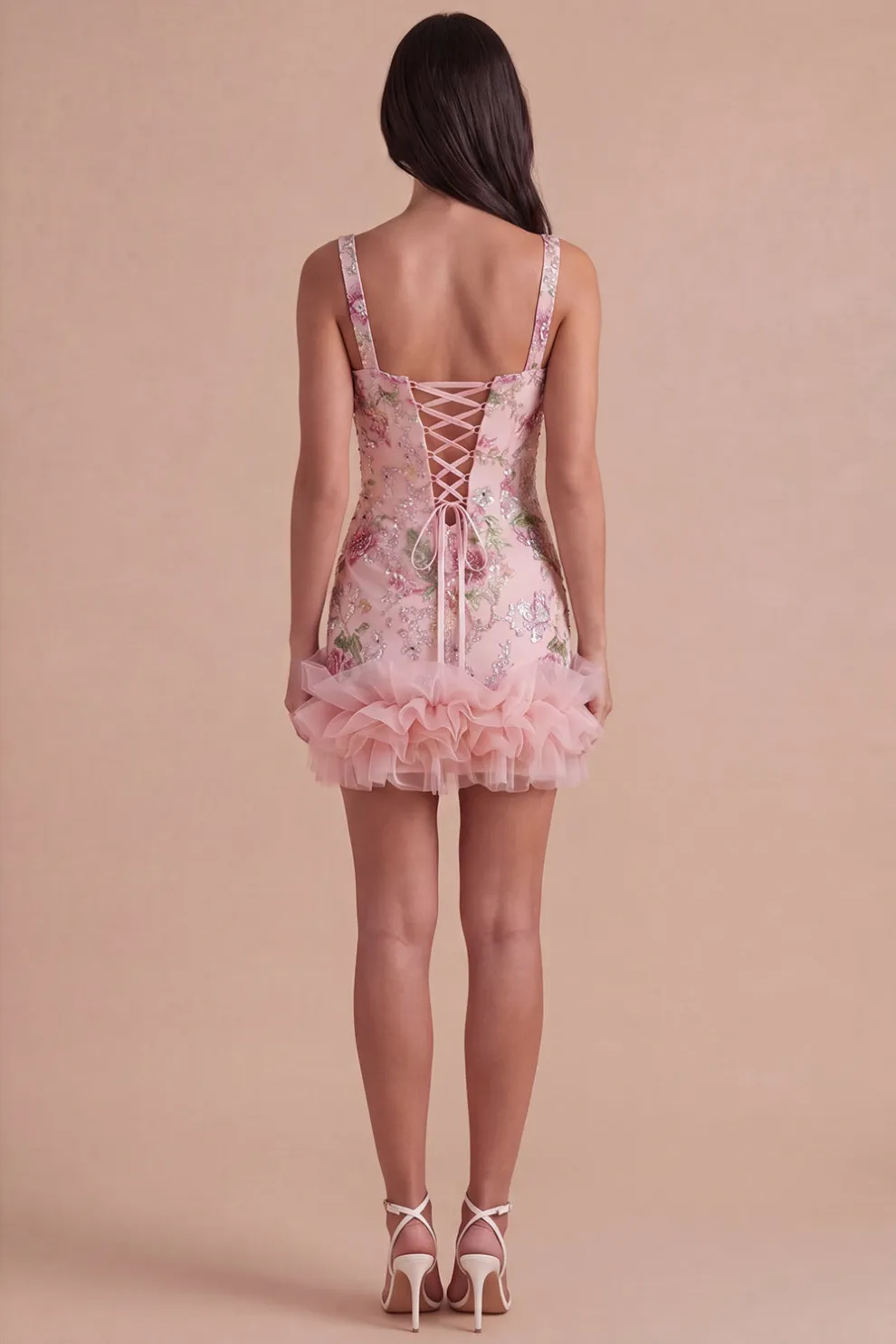 Ruffled Thick Straps Pink Floral Sequined Short Homecoming Dress
