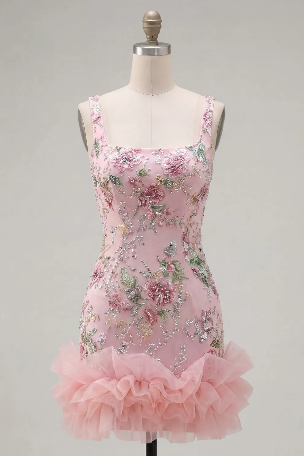 Ruffled Thick Straps Pink Floral Sequined Short Homecoming Dress