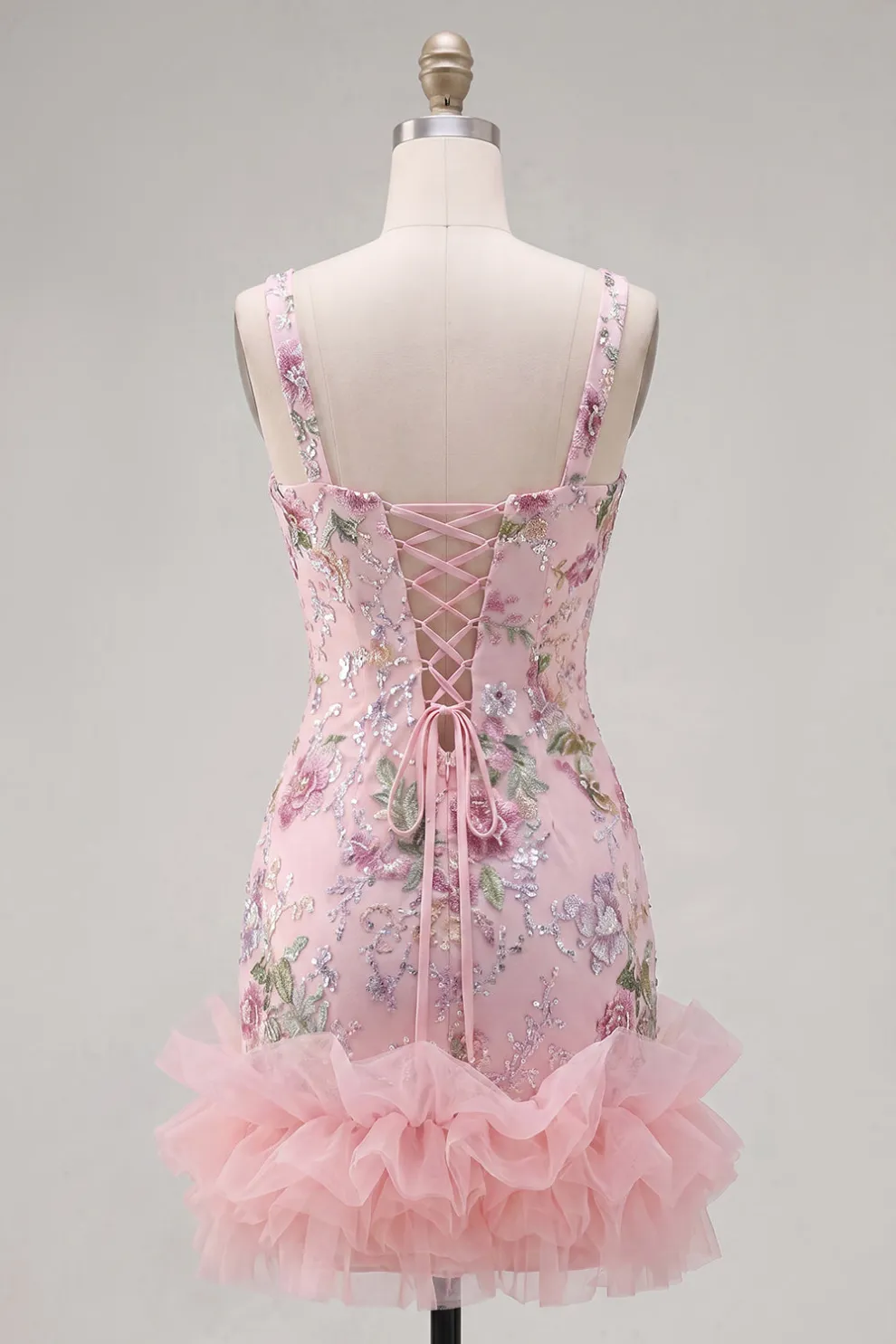 Ruffled Thick Straps Pink Floral Sequined Short Homecoming Dress