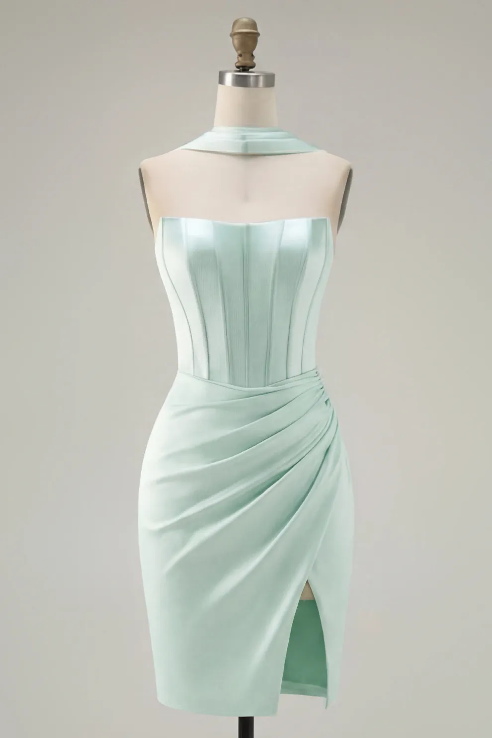 Mint Corset Satin Ruched Short Homecoming Dress with Slit