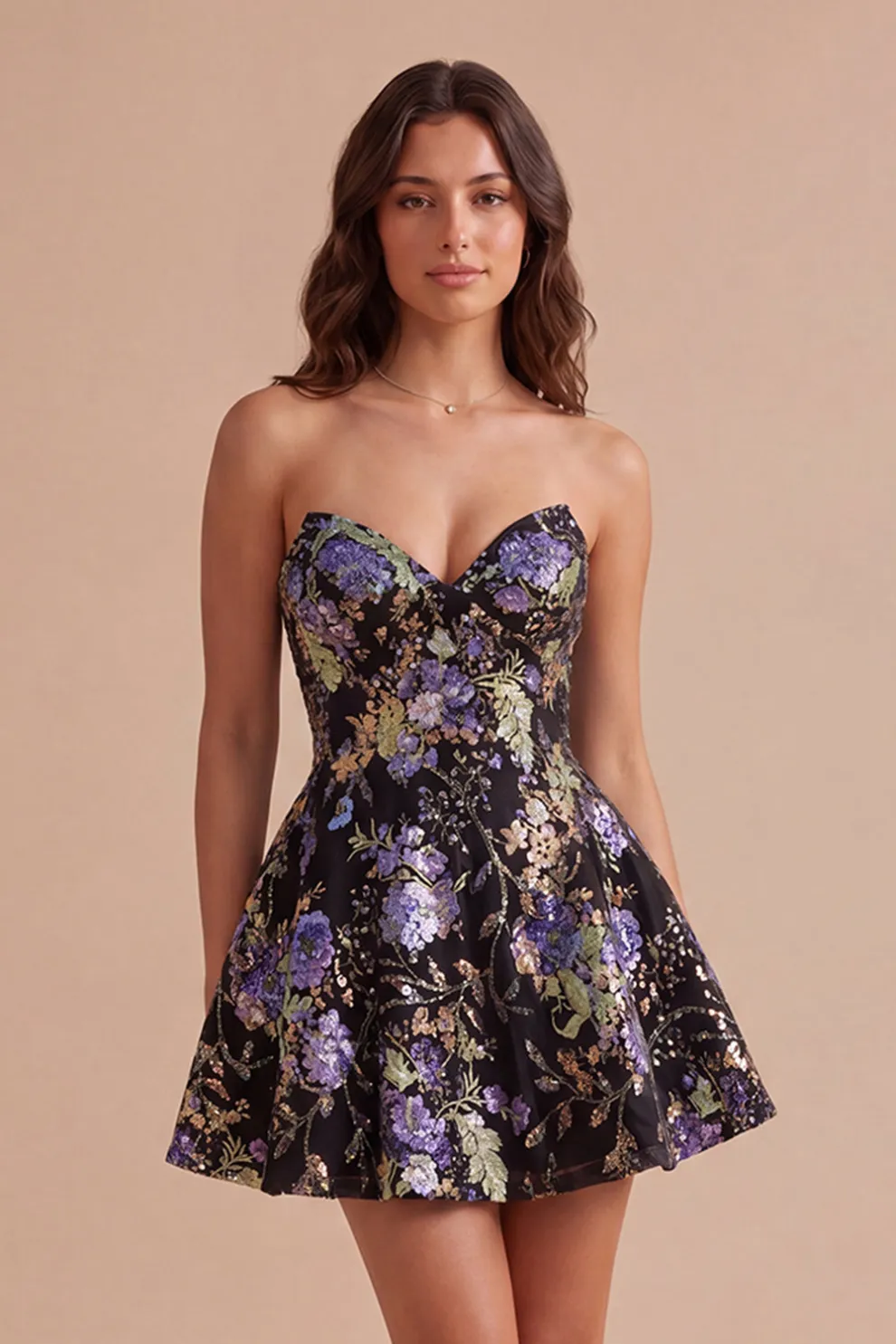 Sparkly A Line Black Floral Sweetheart Short Homecoming Dress