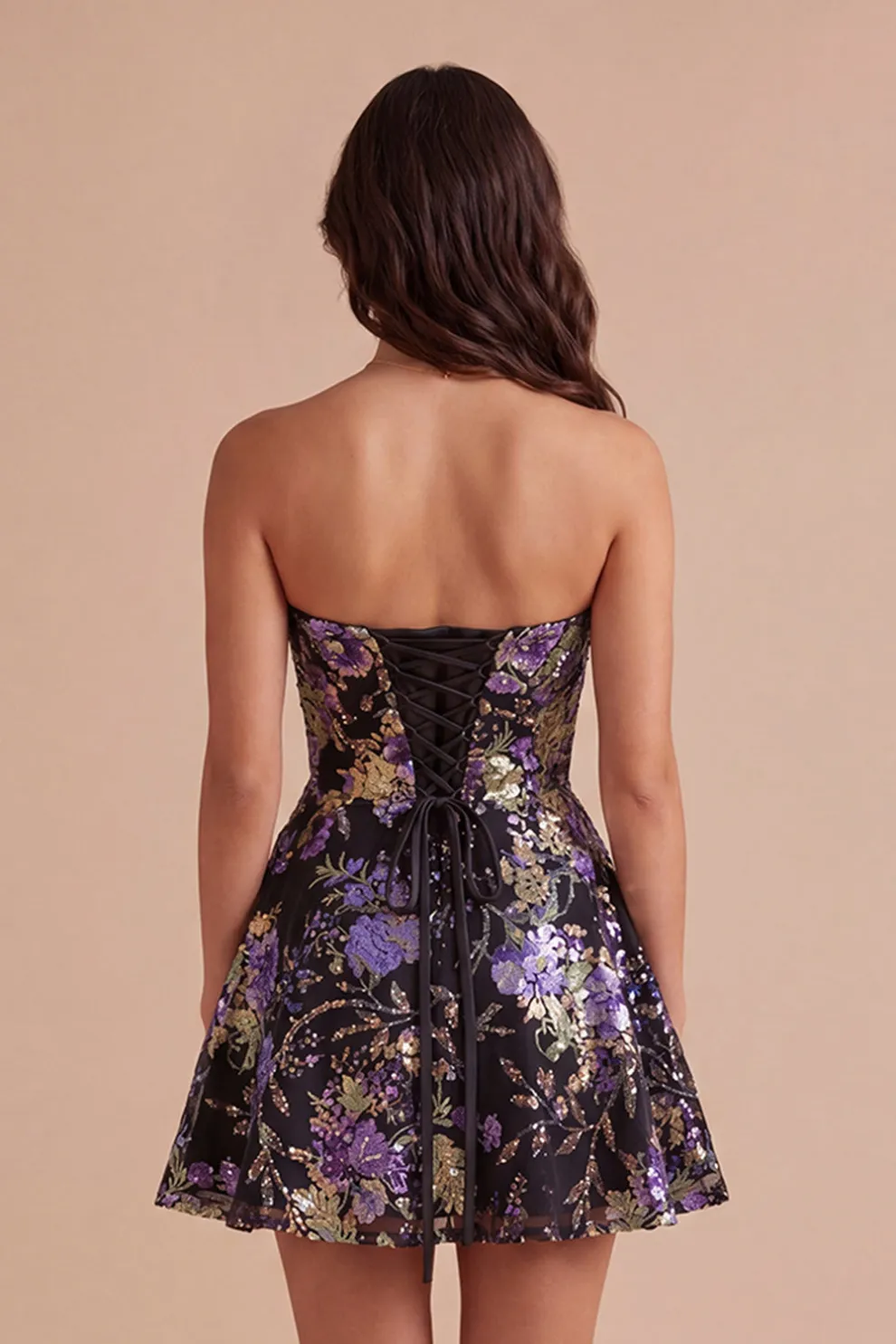 Sparkly A Line Black Floral Sweetheart Short Homecoming Dress