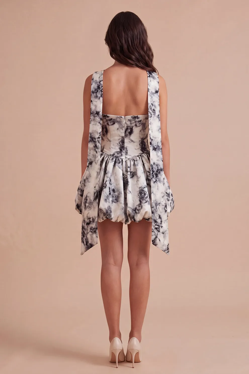 White Black Floral High Waist Short Homecoming Dress with Neck Scarf
