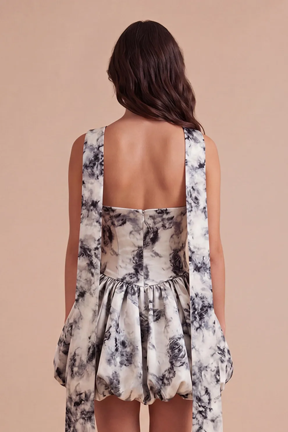 White Black Floral High Waist Short Homecoming Dress with Neck Scarf