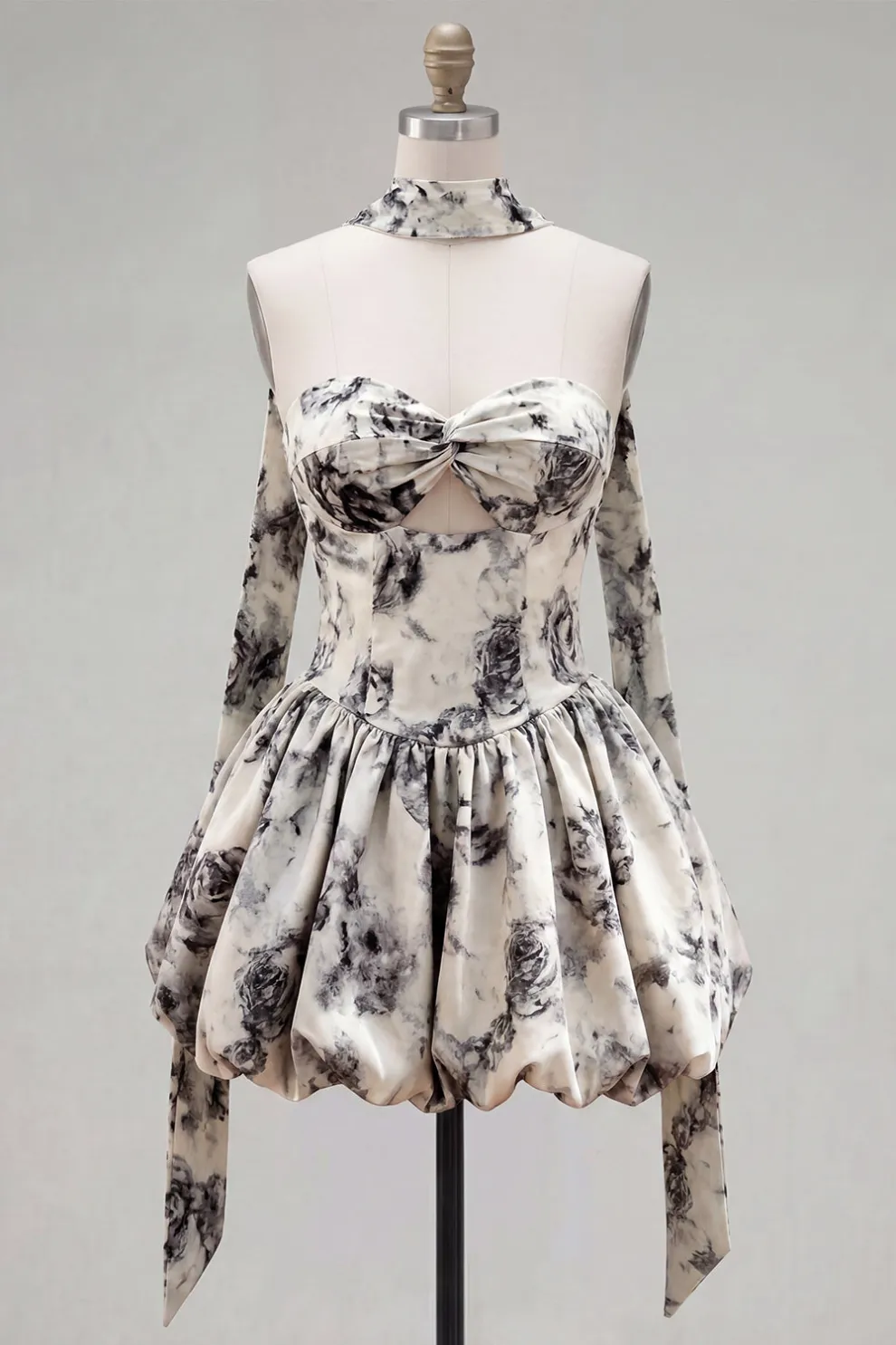 White Black Floral High Waist Short Homecoming Dress with Neck Scarf