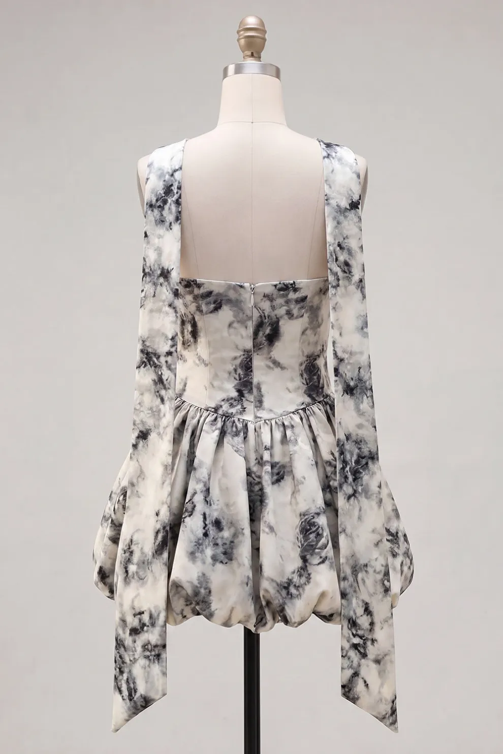 White Black Floral High Waist Short Homecoming Dress with Neck Scarf