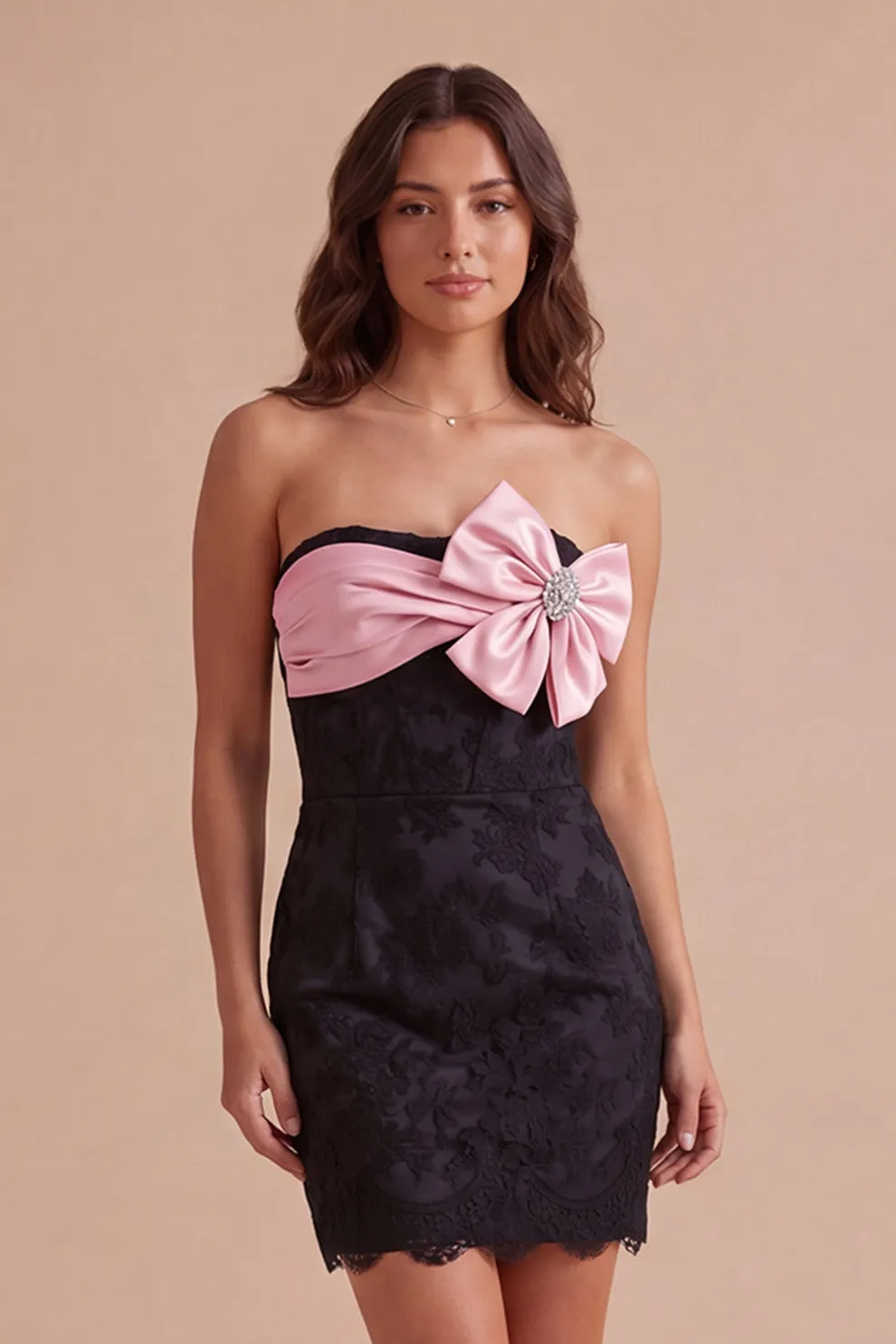 Black Pink Bodycon Floral Strapless Short Homecoming Dress with Bow