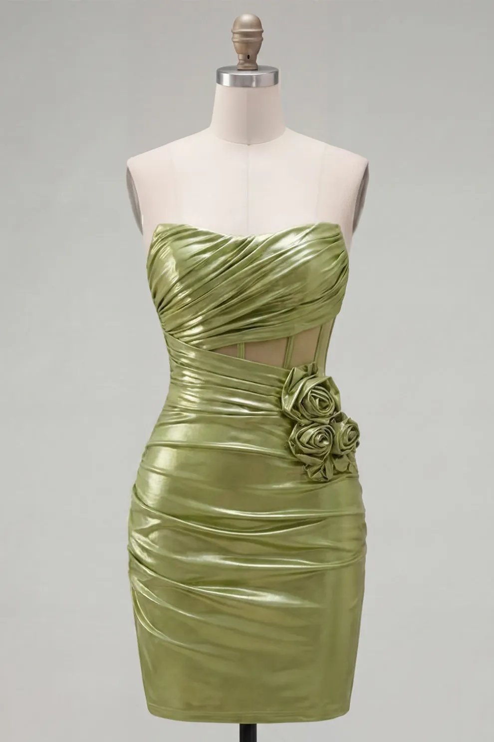 Green Corset Bodycon Ruched Short Homecoming Dress with 3D Flower
