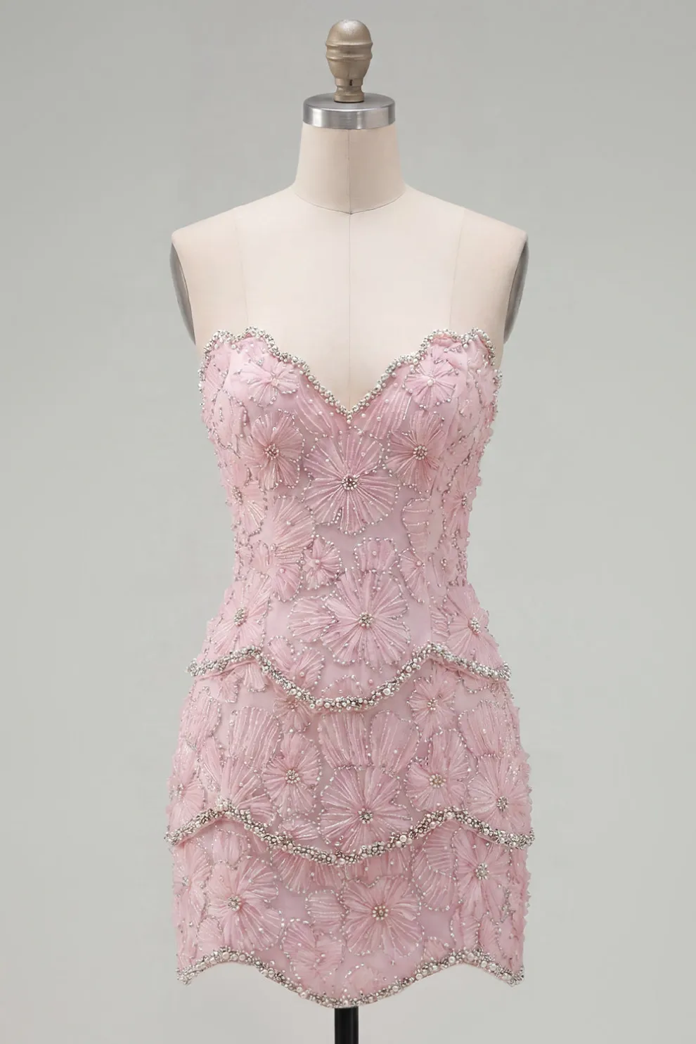 Sparkly Pink Beaded Bodycon Floral Short Homecoming Dress