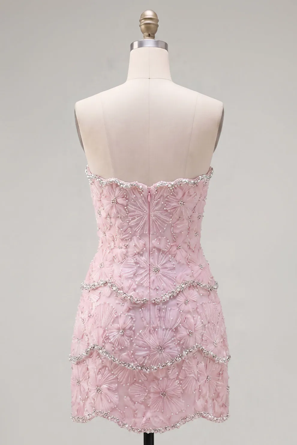 Sparkly Pink Beaded Bodycon Floral Short Homecoming Dress