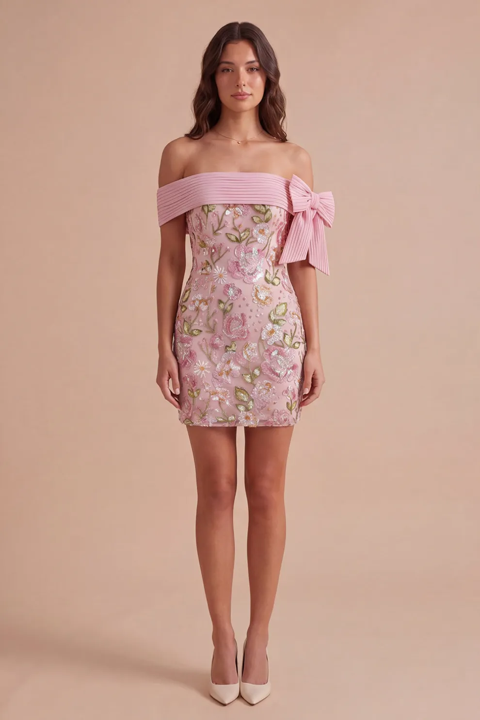 Off the Shoulder Sparkly Pink Floral Short Homecoming Dress
