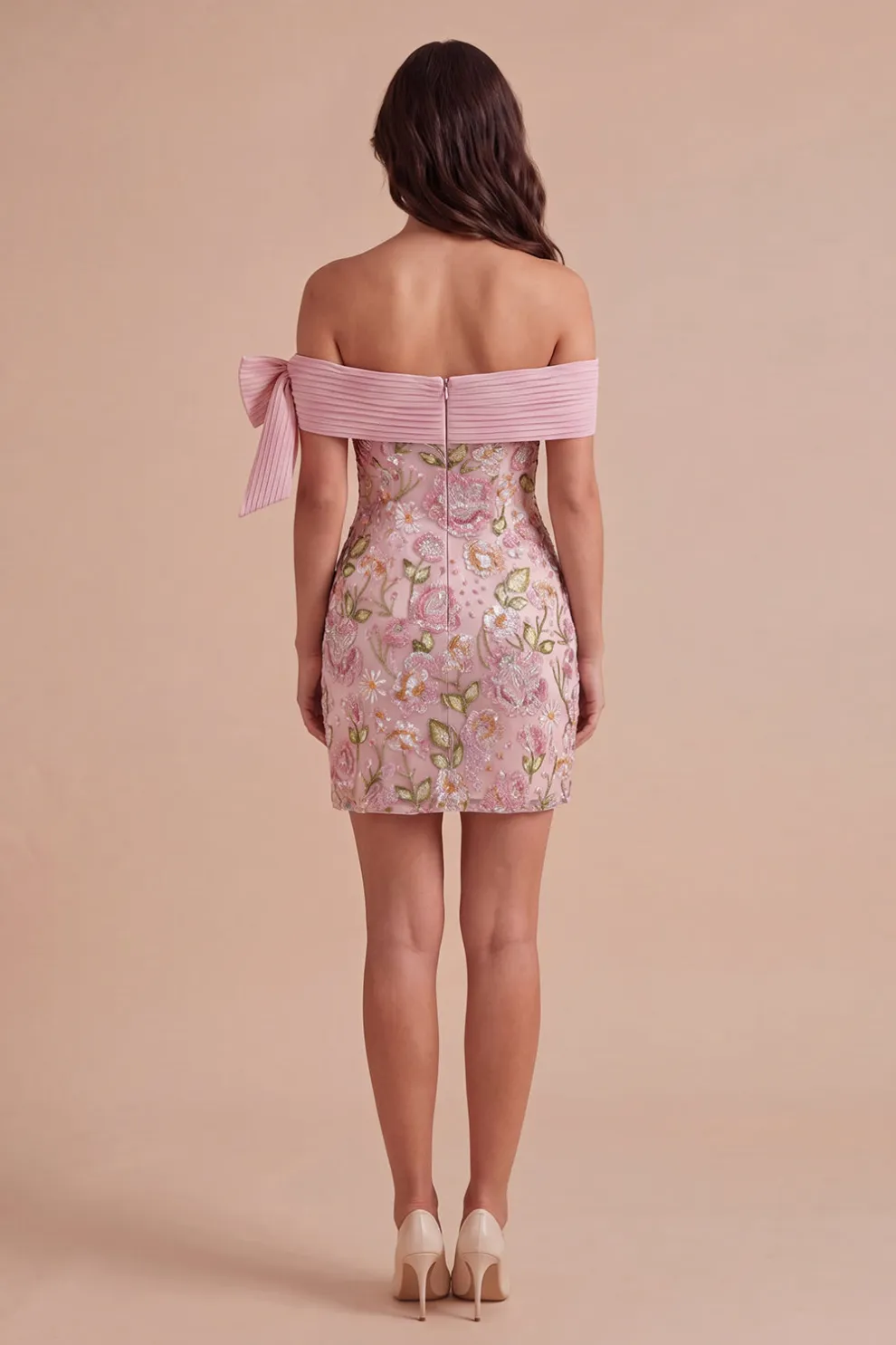 Off the Shoulder Sparkly Pink Floral Short Homecoming Dress