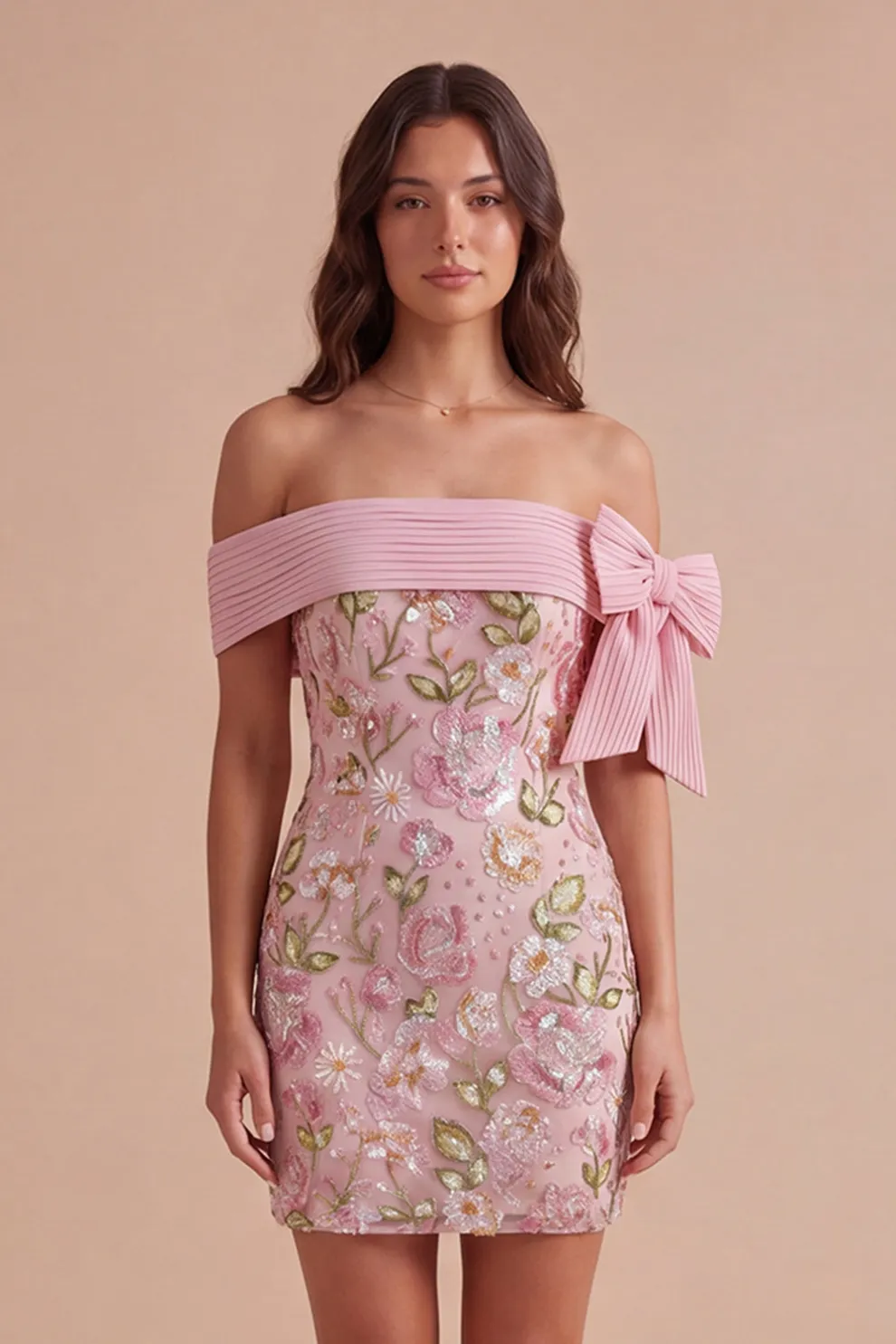 Off the Shoulder Sparkly Pink Floral Short Homecoming Dress
