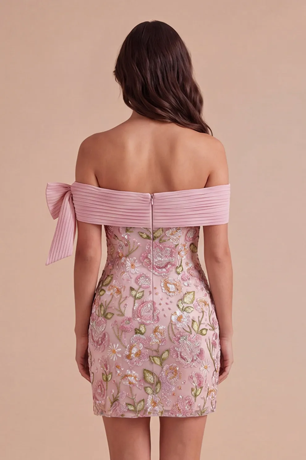 Off the Shoulder Sparkly Pink Floral Short Homecoming Dress
