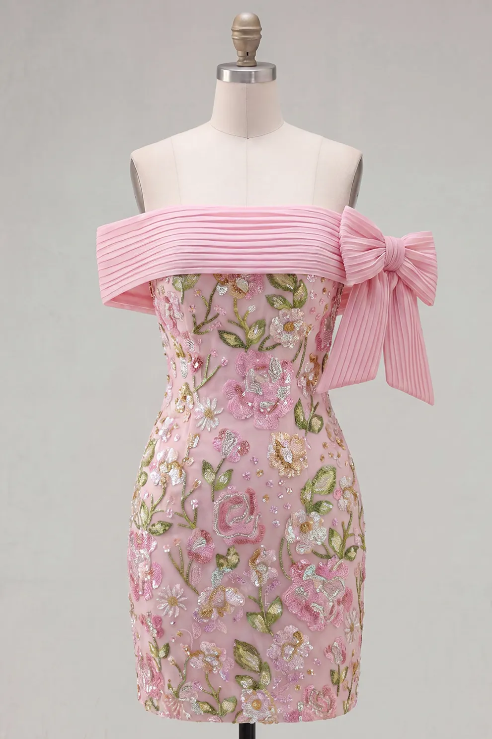 Off the Shoulder Sparkly Pink Floral Short Homecoming Dress