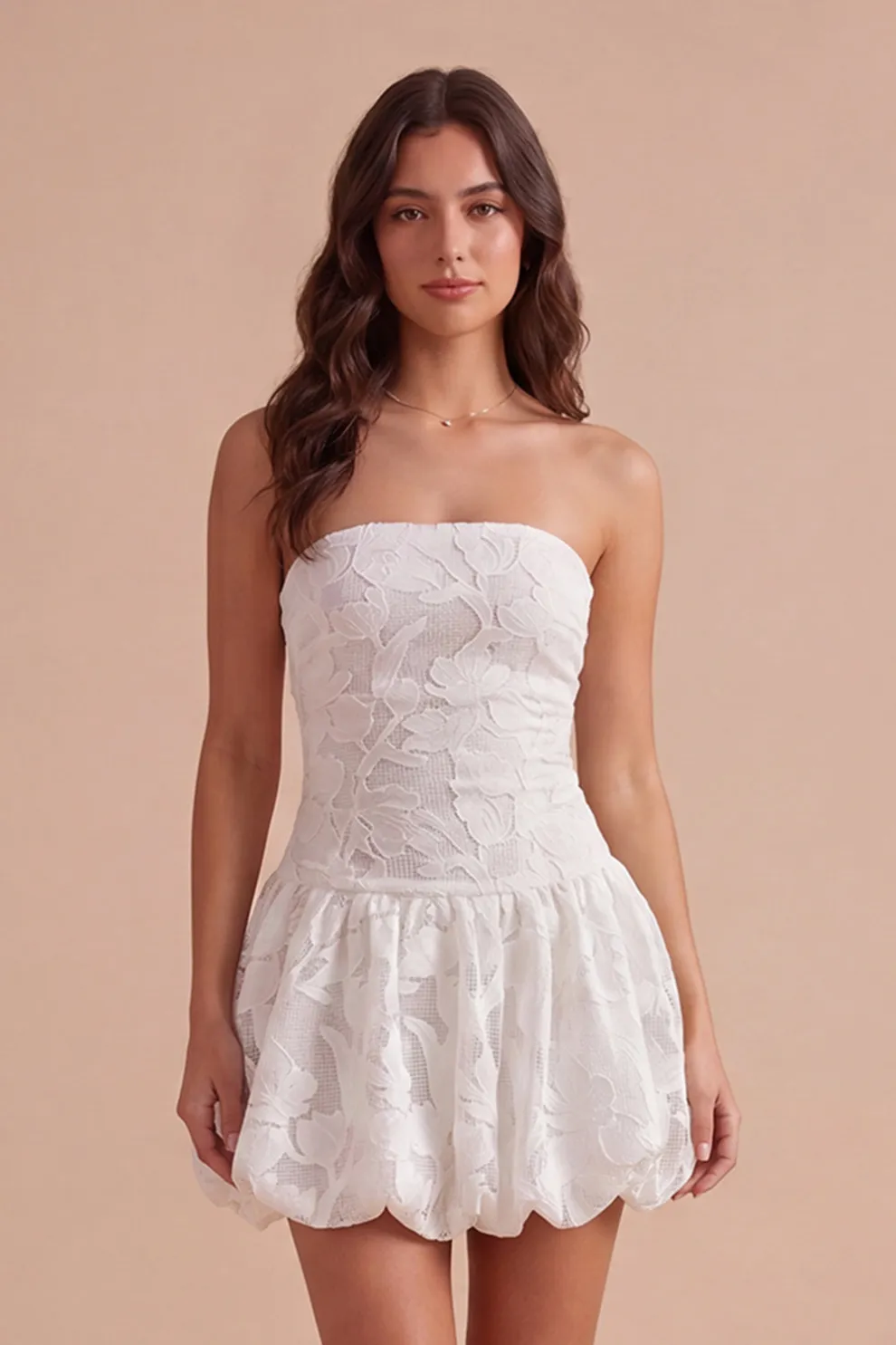 White A Line Lace Floral Strapless Short Homecoming Dress
