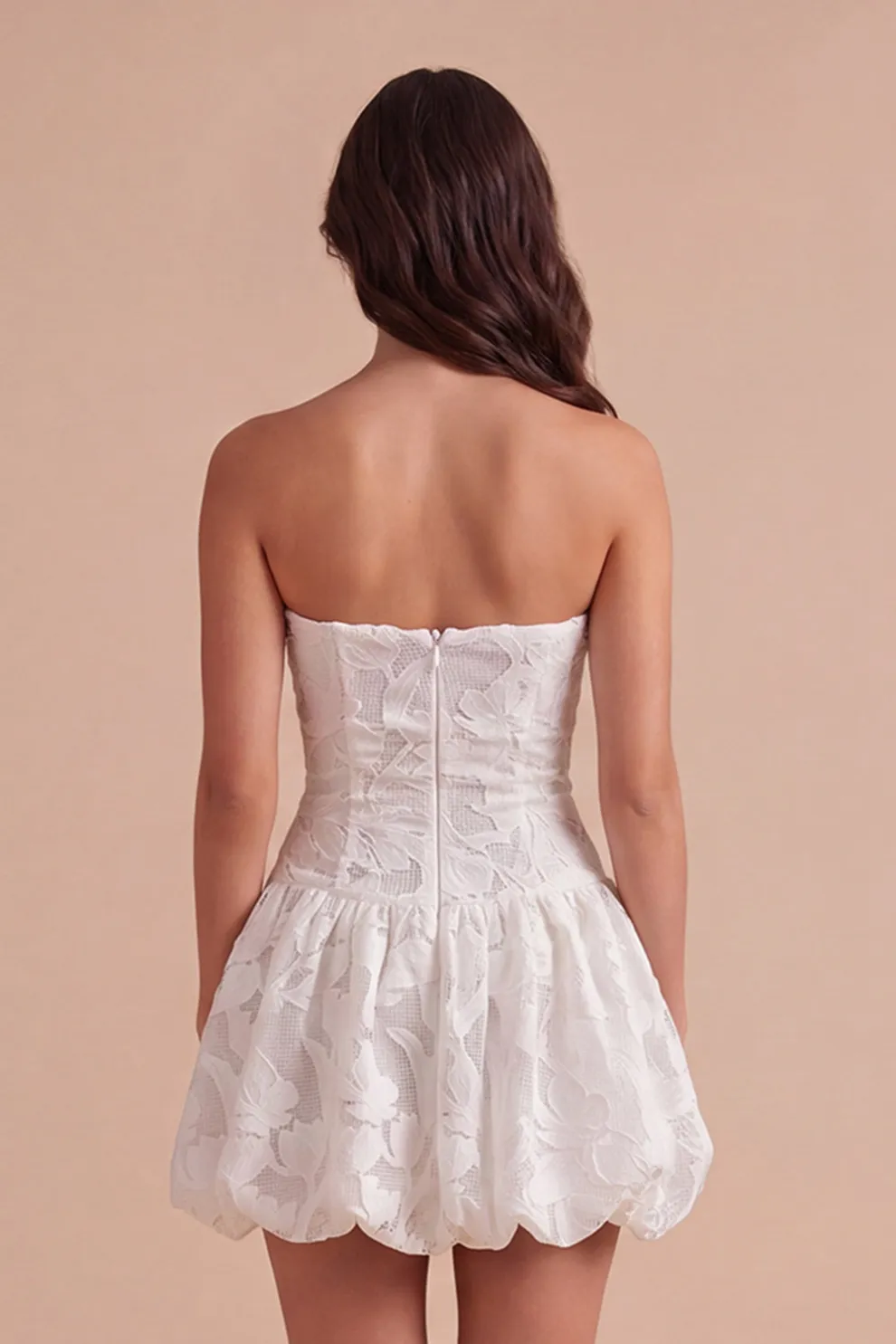 White A Line Lace Floral Strapless Short Homecoming Dress