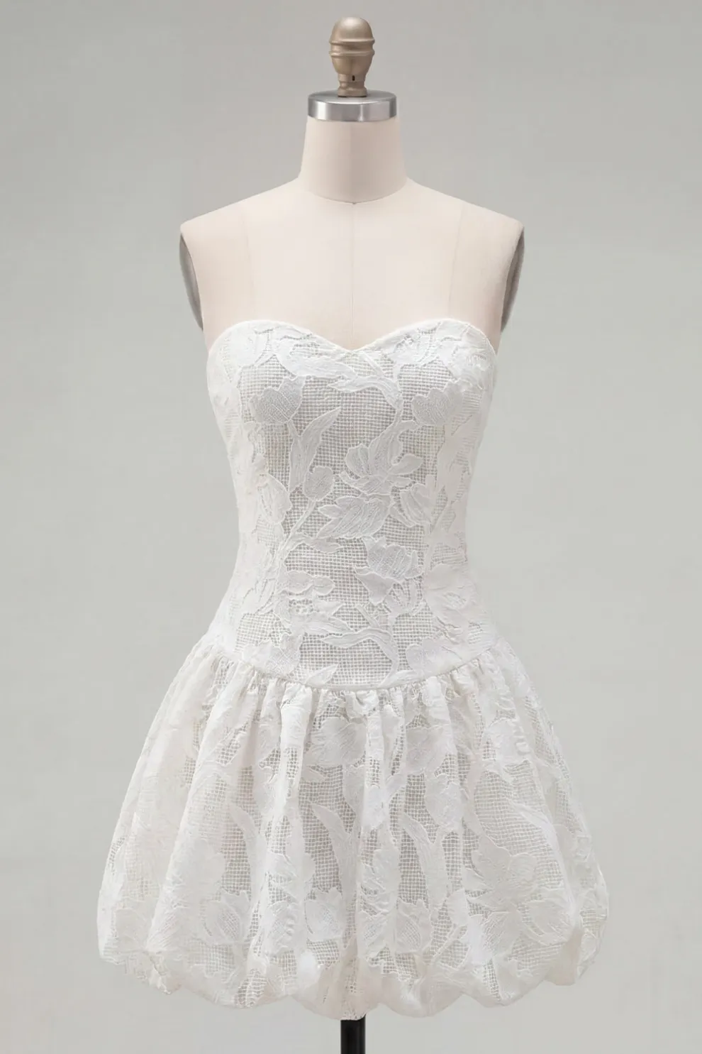 White A Line Lace Floral Strapless Short Homecoming Dress