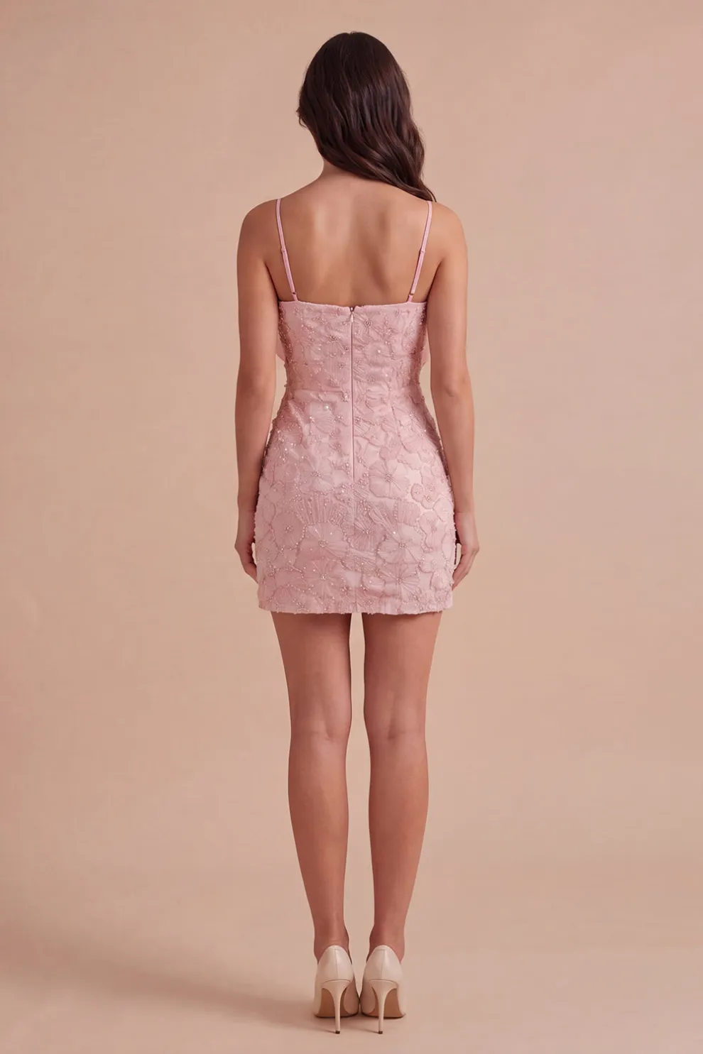 Sparkly Pink Beaded Short Bodycon Floral Homecoming Dress with Bow