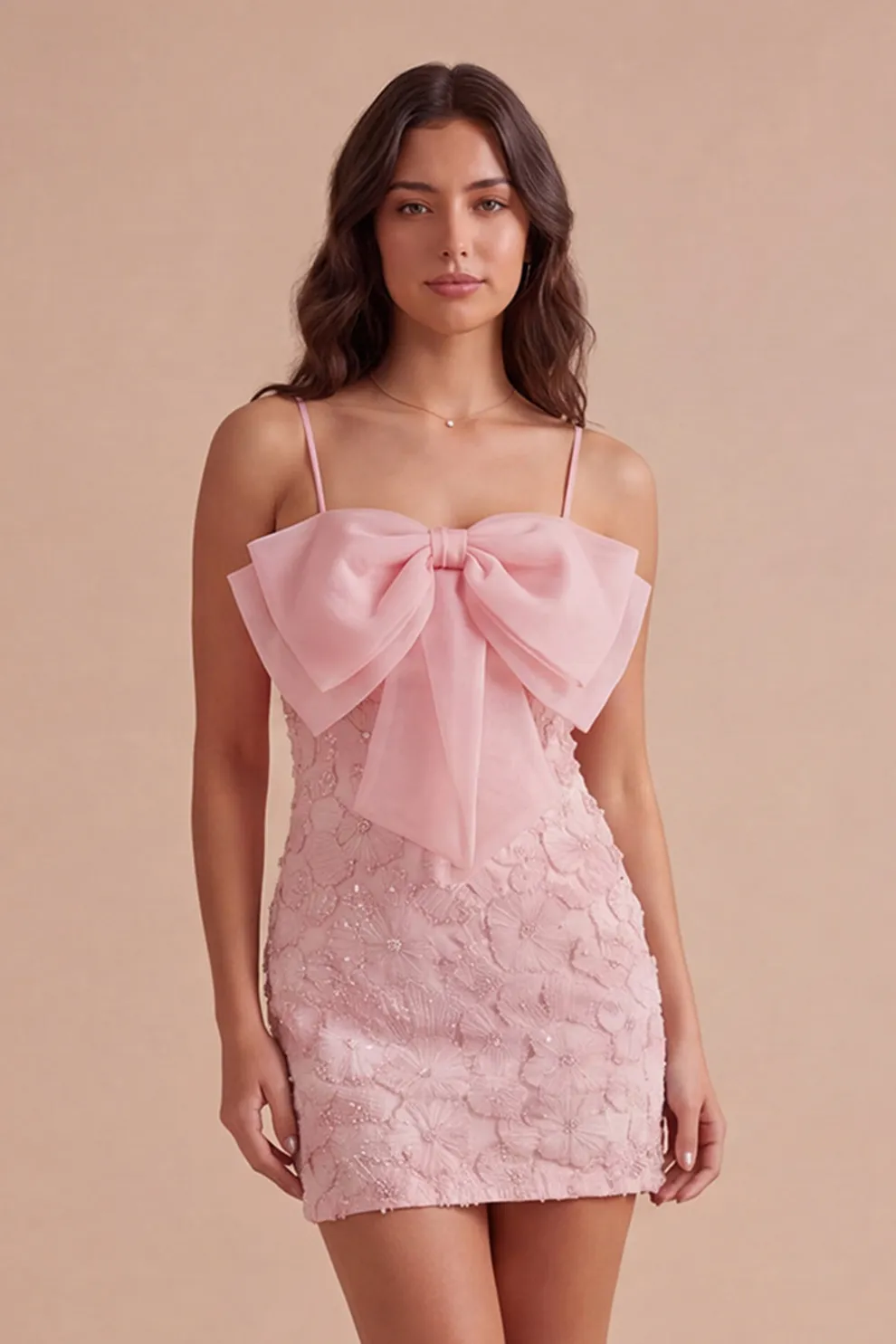 Sparkly Pink Beaded Short Bodycon Floral Homecoming Dress with Bow