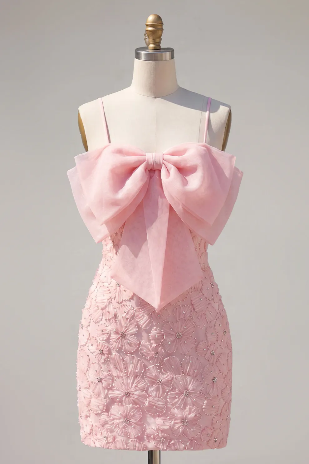 Sparkly Pink Beaded Short Bodycon Floral Homecoming Dress with Bow