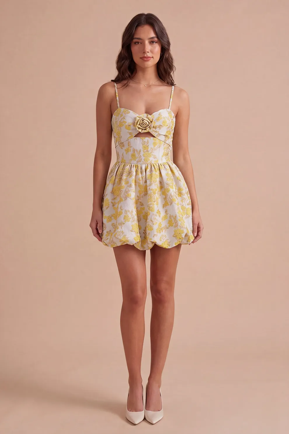 Yellow Floral A Line Spaghetti Straps Short Homecoming Dress