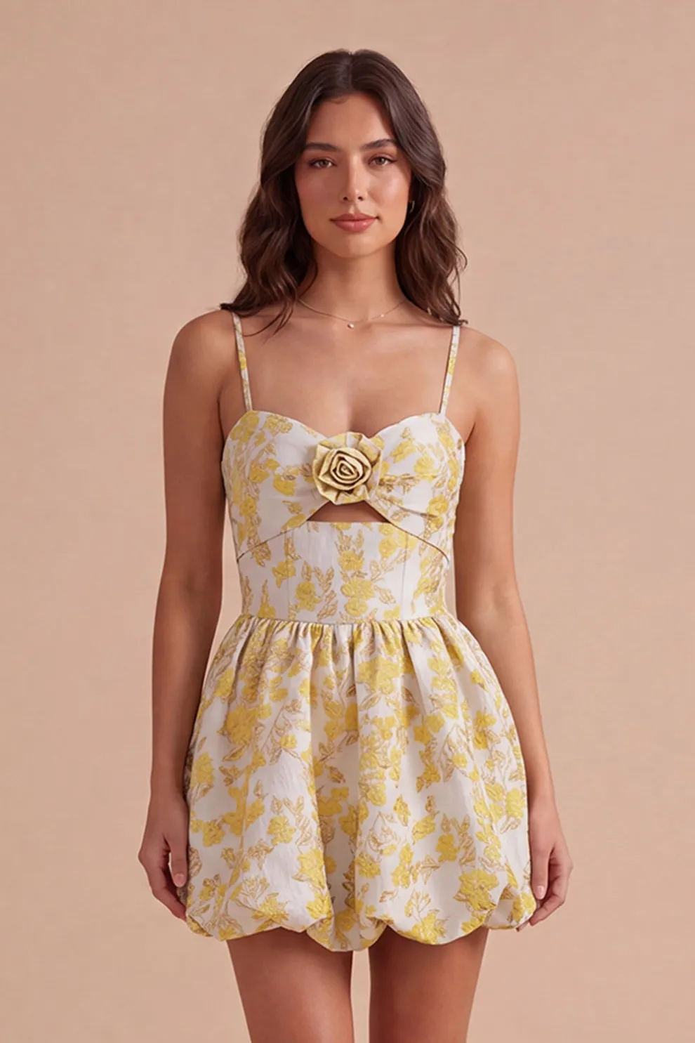 Yellow Floral A Line Spaghetti Straps Short Homecoming Dress
