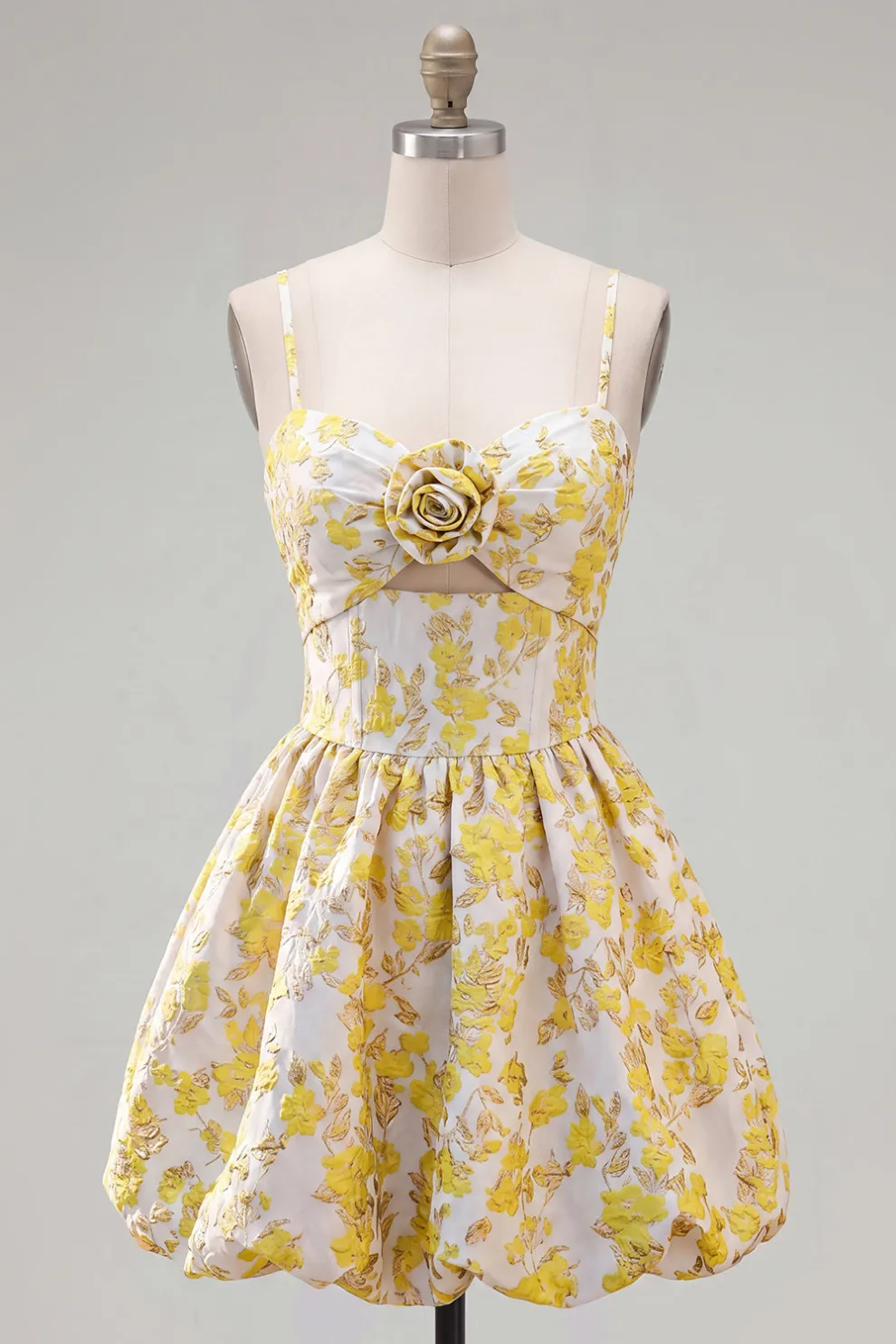 Yellow Floral A Line Spaghetti Straps Short Homecoming Dress
