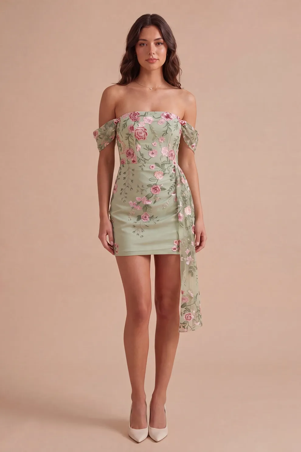 Bodycon Floral Off the Shoulder Green Short Homecoming Dress