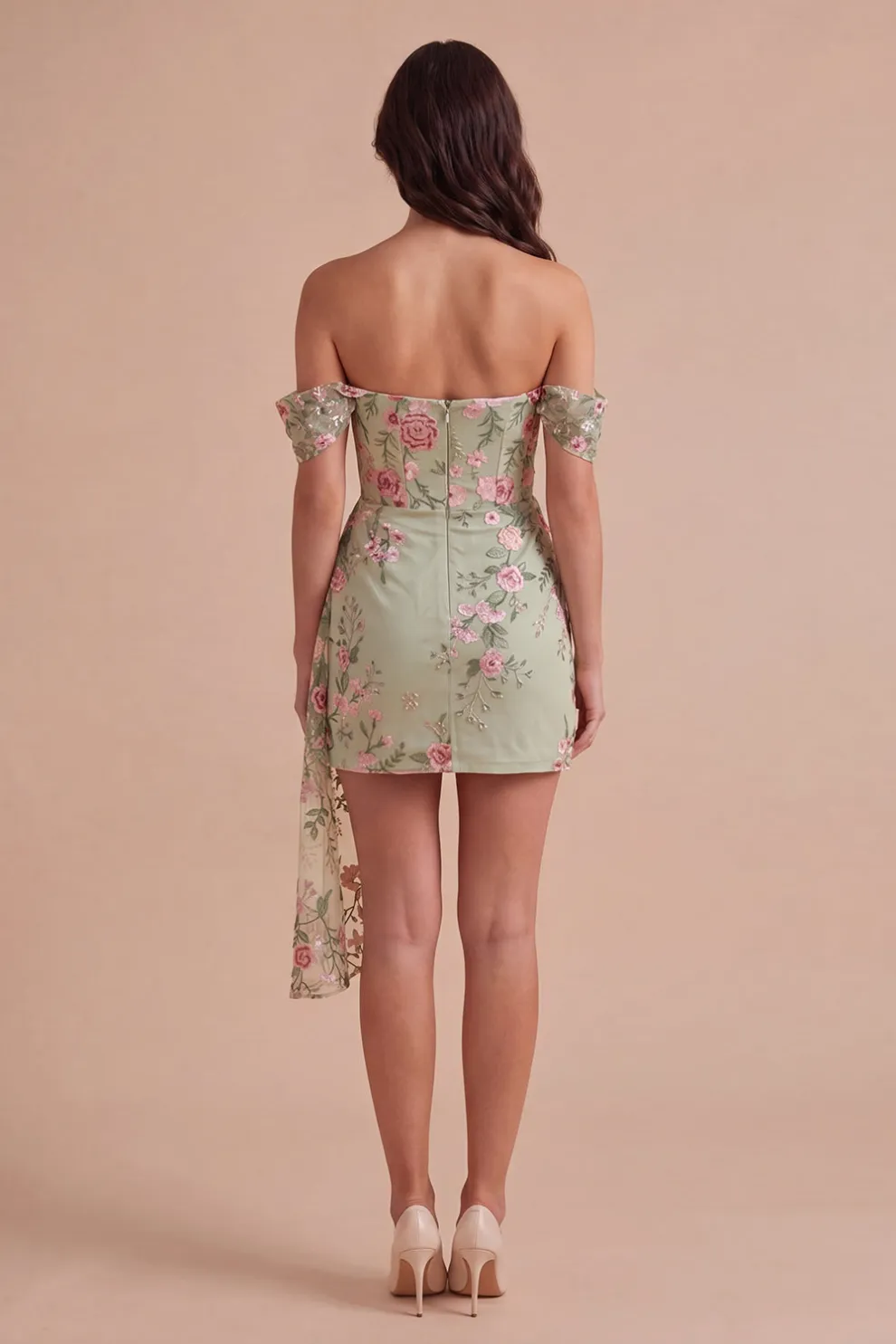 Bodycon Floral Off the Shoulder Green Short Homecoming Dress