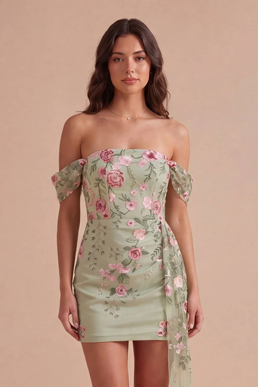 Bodycon Floral Off the Shoulder Green Short Homecoming Dress
