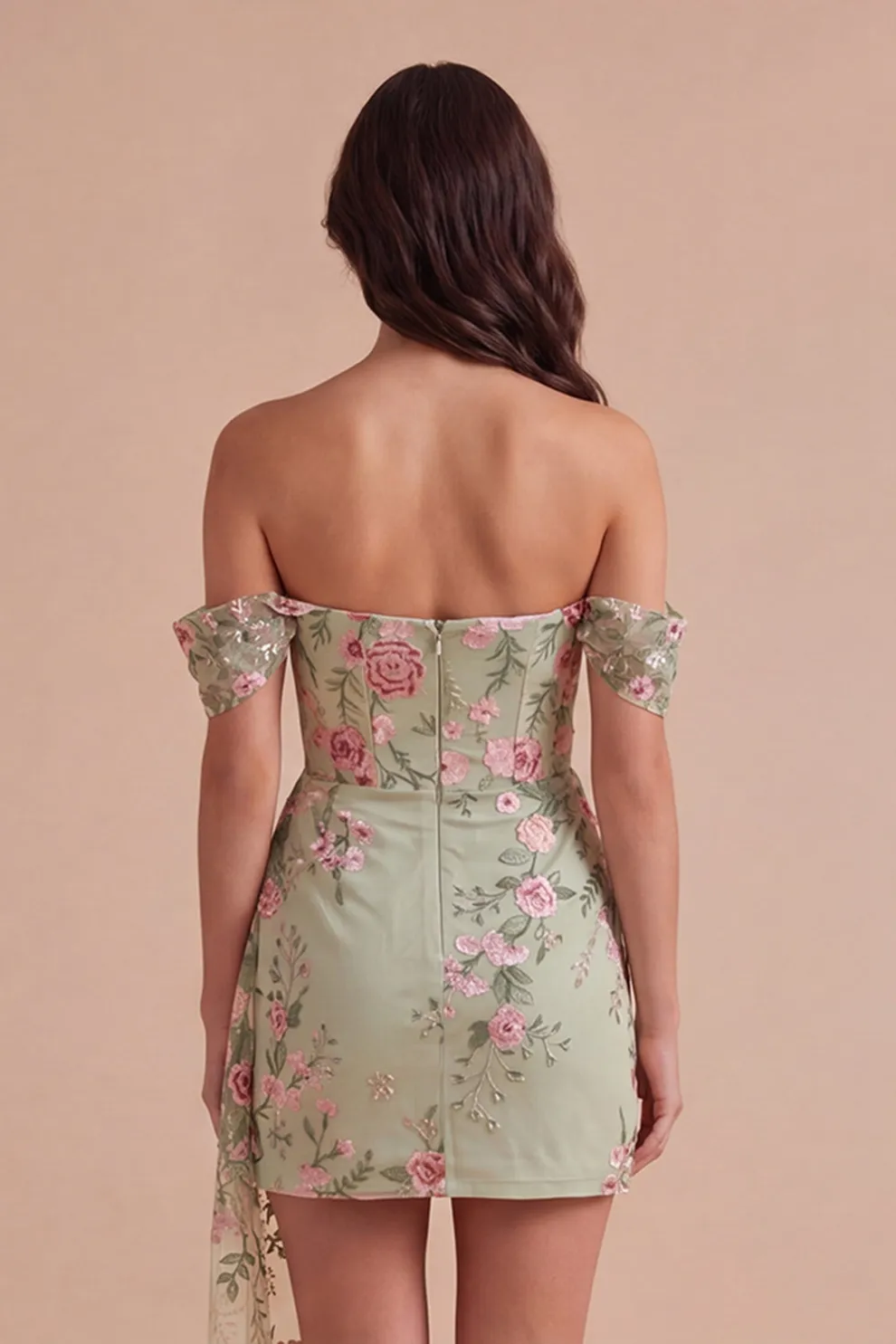 Bodycon Floral Off the Shoulder Green Short Homecoming Dress