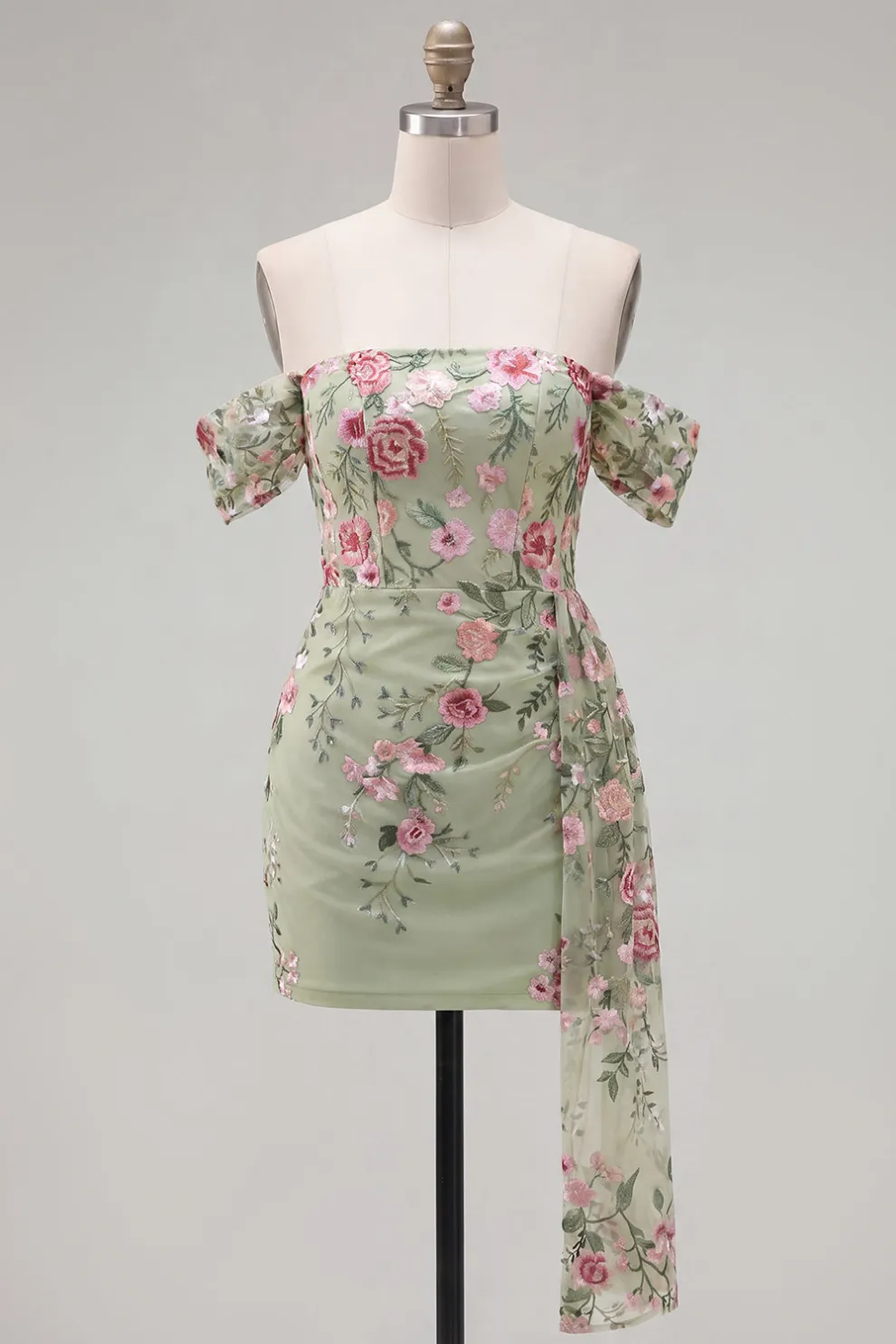 Bodycon Floral Off the Shoulder Green Short Homecoming Dress