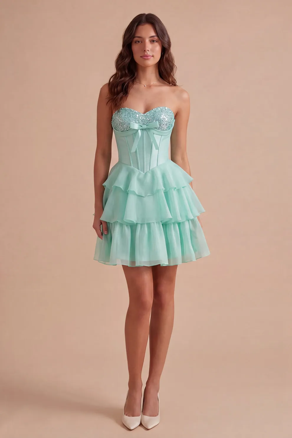 Mint A Line Corset Sparkly Sequined Short Homecoming Dress with Ruffles