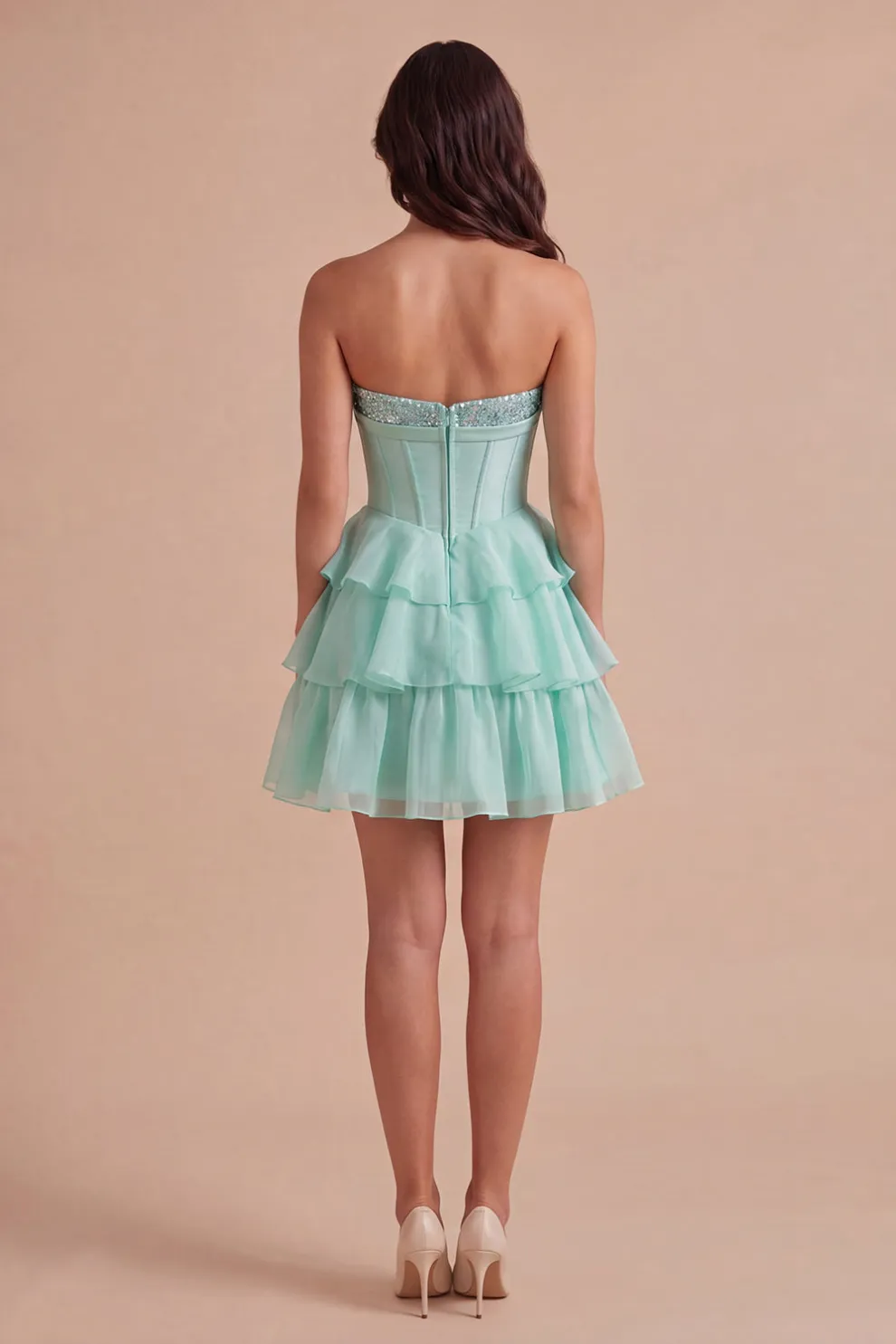 Mint A Line Corset Sparkly Sequined Short Homecoming Dress with Ruffles