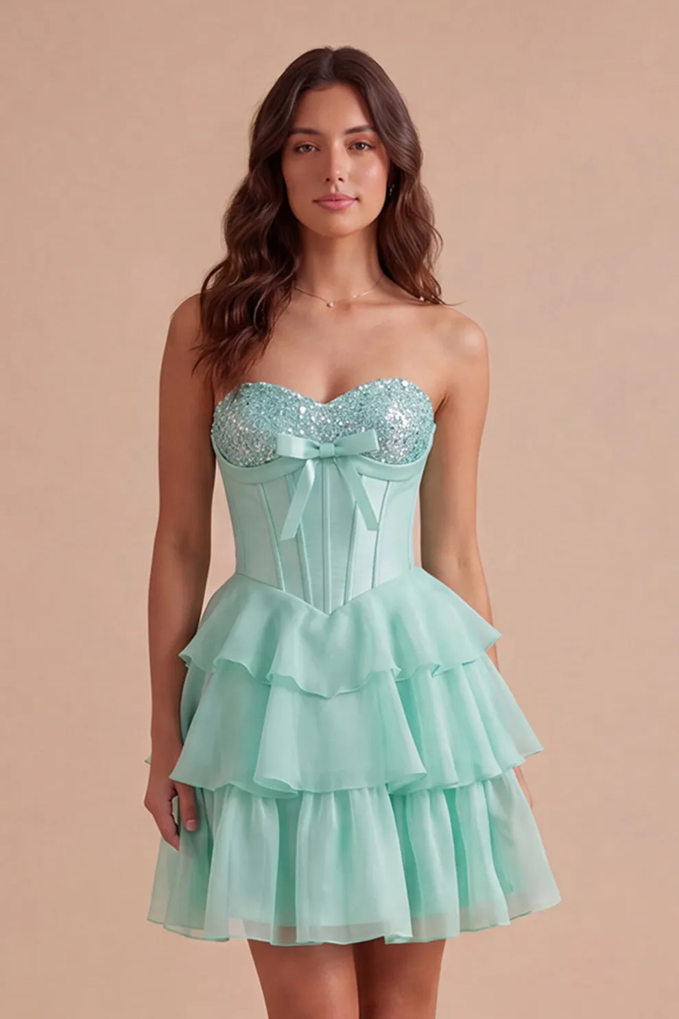 Mint A Line Corset Sparkly Sequined Short Homecoming Dress with Ruffles